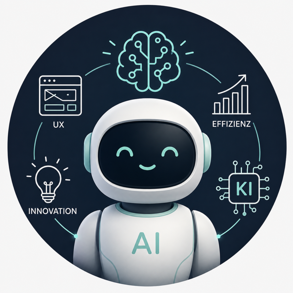 Profilbild fachsimplerAI - Roboter mit Hirn, ux-symmbol, effizienzsteigerungsdiagramm und innovations-icon